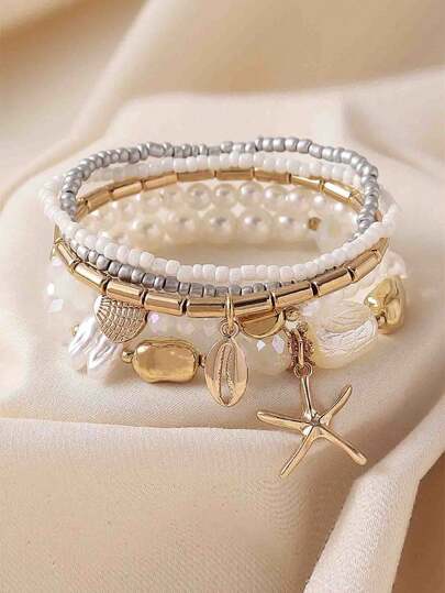 7pcs/Set Shell & Pearl Beaded Layered Bracelet Set, Boho Style Stackable Design, Suitable For Women, Beach & Casual Wear, Random Shell Pattern, Healing Crystal Energy, Ideal Gift For Girlfriend, Wife Or Partner