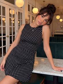 Women's Fitted Ruched Tank Mini Dress - Polka Dot Or Solid Color, Sleeveless Short Ruffled For Daily, Office  Party - Multicolor - View 3
