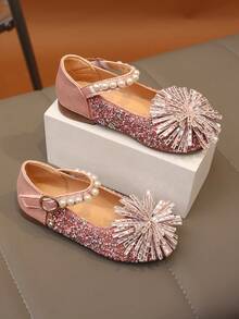 1 Pair 2026 New Fashion Versatile Pink Girl's Pearl & Rhinestone Decor Flat Shoes, Round Toe, Suitable For Daily Wear, Dancing, Spring & Autumn, Closed Toe Princess Shoes, Dance Shoes, Run Small By Half Size - Pink - View 7