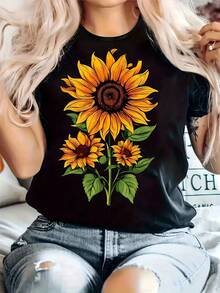 Wo girasol impresión casual camiseta - estiramiento cuello redondo blusa de manga corta, cómodo traje casual, suelto ajuste top adecuado para todas las estaciones - Negro - Ver 2