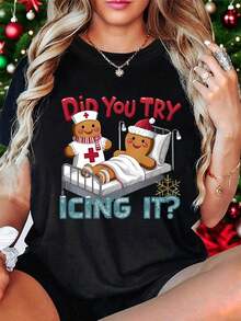 Fun Plus-Size Nurse Graphic Tee Featuring A Gingerbread Nurse And Candy Cane Design, Made From Soft Stretch Fabric, Casual Crew Neck For Comfort, Playful Seasonal Print - Black - View 1