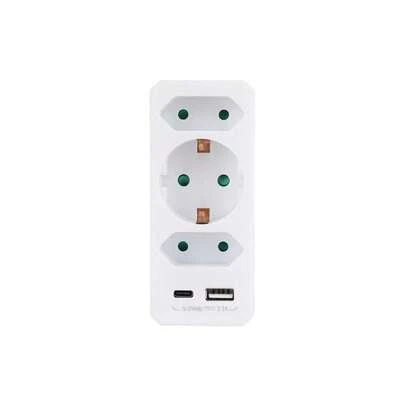 1pc European Plug Adapter 3-In-1, 1 AC Socket + 2 USB (Type-C 3.0A), Max 3680W High Power