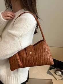 2026 New Fashionable Casual Minimalist Wheat Ear Embossed One Shoulder Handbag - Brown - View 4