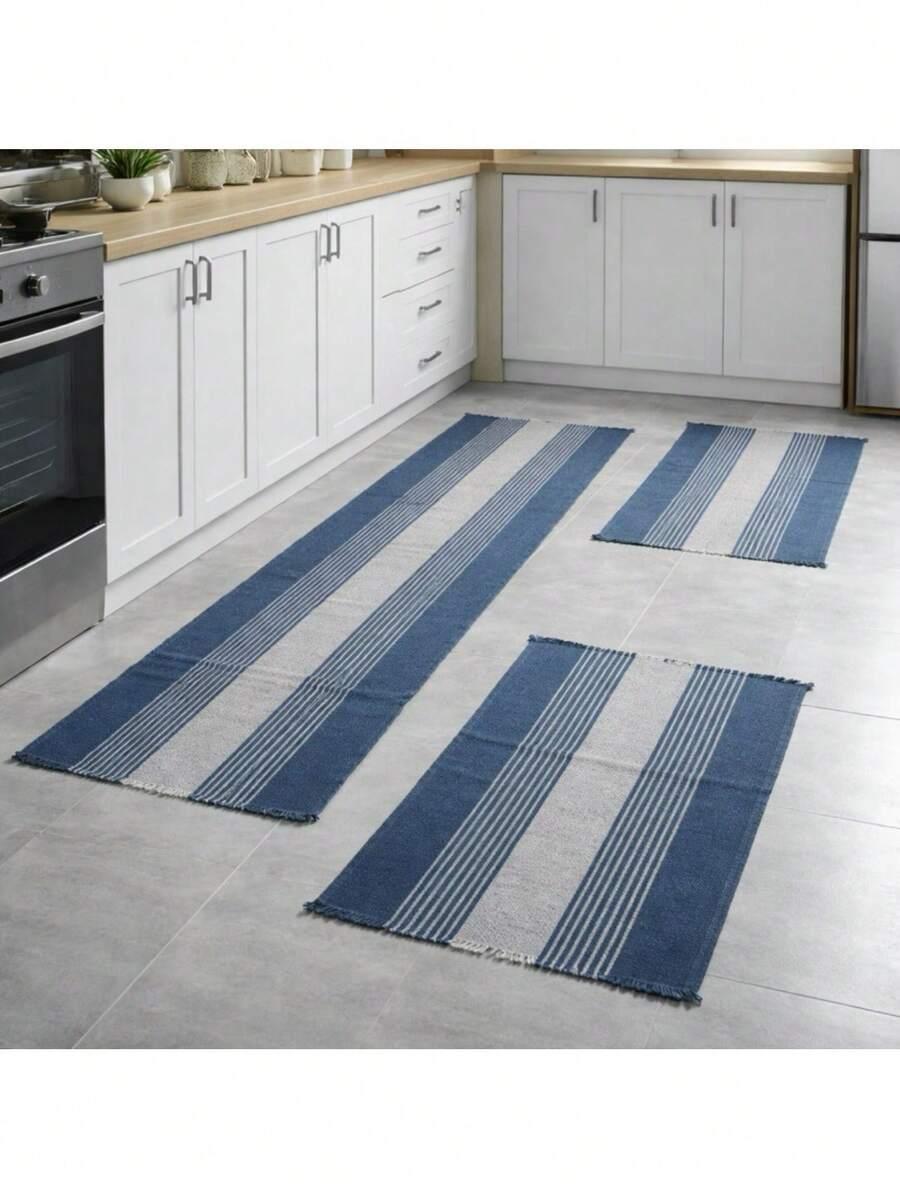 Kitchen Mat And Runner Set With 3 Pieces, Various Colors, Plain And Striped - Grey - View 1