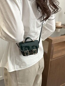 镜面皮革腰带，韩版ins风极简包，复古英伦迷你通勤学生方形单肩斜挎包 - 綠色 - 查看 5
