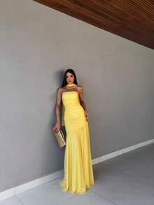 Long Strapless Party Dress With High Slit And Elegant Draping – Bridesmaid, Graduation And Wedding. Includes Ec - Màu vàng - Xem 8