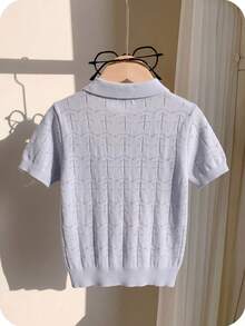 Boys' Solid Color Hollow Collar Polo Shirt Short Sleeve Thin Knit Sweater Pullover, Suitable For School And Everyday Wear, Spring/Summer/Autumn - Grey - View 3