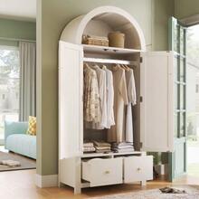 Wardrobe Measuring 181x78x45 Cm With Rattan Fabric, Rustic Style In White, Open Semicircular Shelf, 2 Doors With Magnetic Closure, 2 Drawers, Clothes Hanging Rail And Anti-Tip Device. - 白色 - 查看 7