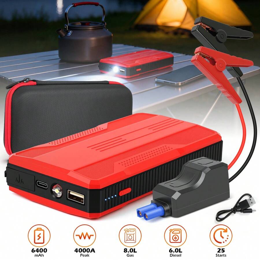 12V 500A/800A Peak Car Jump Starter & Power Bank Combo, 6400mAh Capacity, 3-Mode LED Light, USB & Type-C Fast Charging, 9-Layer Circuit Protection, Anti-Reverse Polarity Clamps, EVA Protective Case, Compact Smartphone-Sized Design, Reliable In -20℃ - C-red - View 1