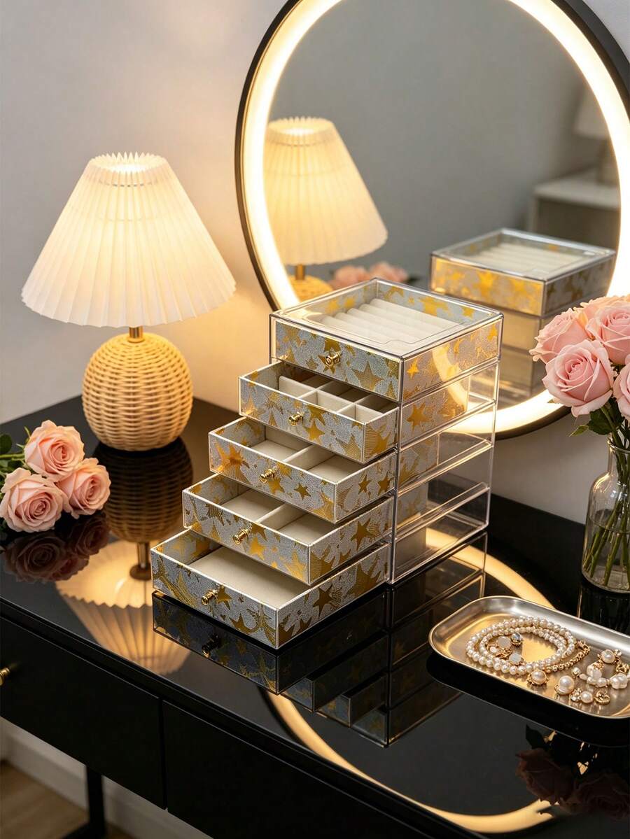 Hộp đựng trang sức bằng acrylic in hình 5 lớp, nhiều lớp, kiểu ngăn kéo, dung tích lớn. - Nhiều màu - Xem 1
