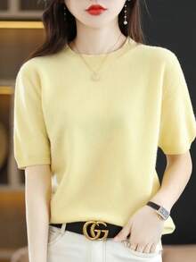 Camiseta de punto de manga corta para mujer, cuello redondo, mezcla de algodón de lana, Jersey, chaleco, Tops de fondo de verano, suéter sólido suave, nuevo - Rosa - Ver 2