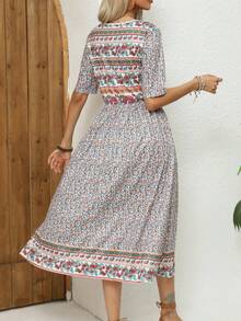 Falda larga de manga corta con cuello redondo para mujer, vestido estampado bohemio, Europa y América, otoño, 2024 - Negro - Ver 3