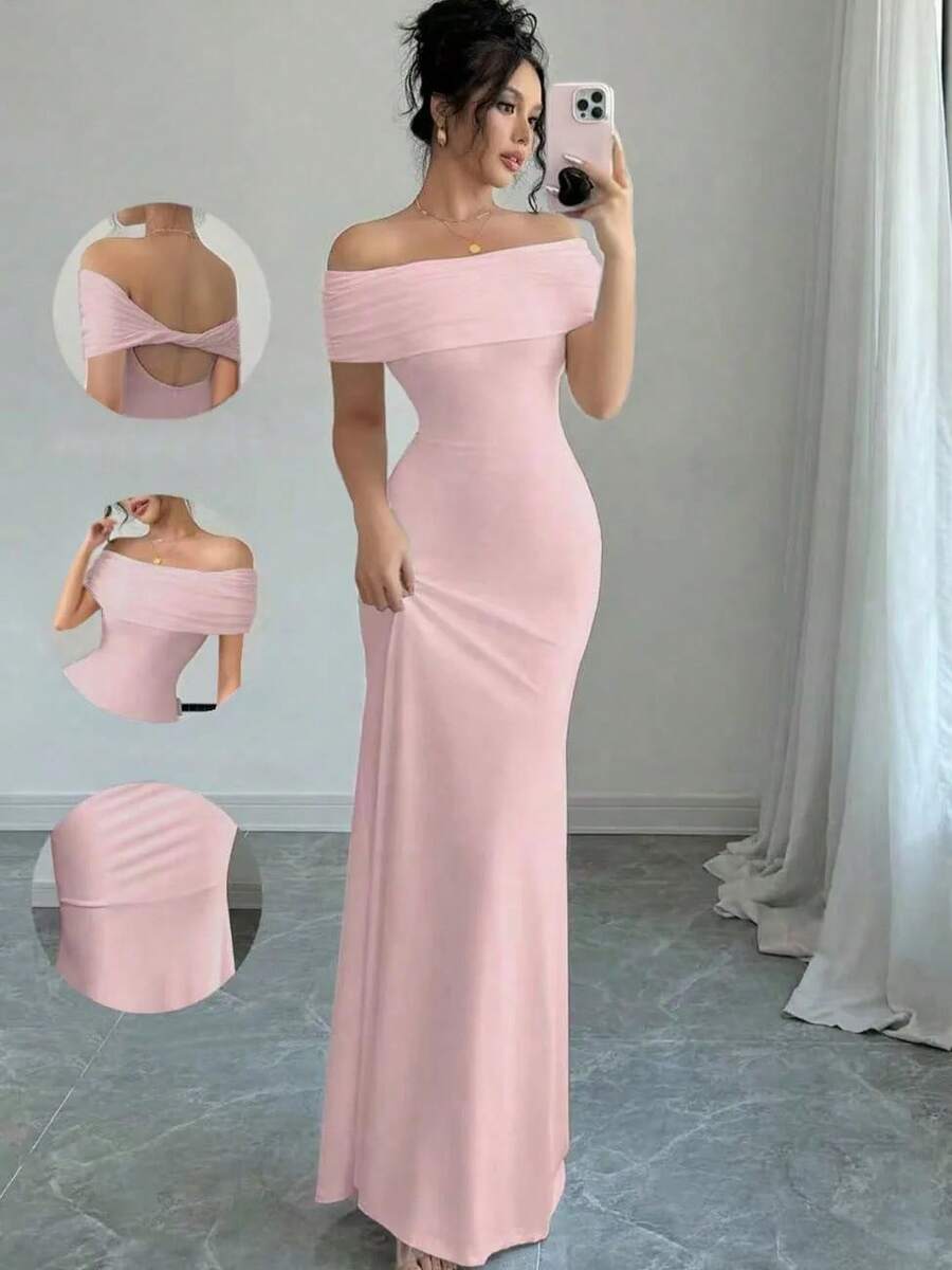 Vestido de fiesta con hombros descubiertos, vestido midi ajustado sexy sin mangas para mujer, vestido de cóctel elegante con vendaje para salir por la noche - Rosa - Ver 1