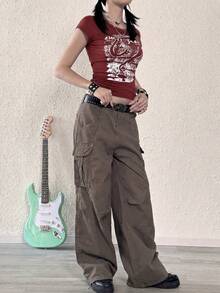 Áo thun nữ thời trang Y2K họa tiết in chữ tiếng Anh, vải dệt kim, phong cách streetwear mặc hàng ngày, casual xuân/hè - Đỏ - Xem 3