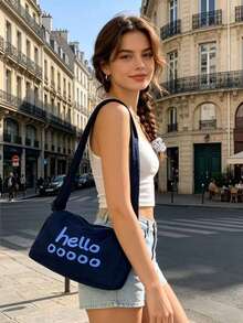 Túi đeo vai nữ in chữ "Hello" dễ thương, túi đeo chéo bằng nylon, dây đeo điều chỉnh được, thời trang hàng ngày, túi xách đi làm. - Nhiều màu - Xem 3