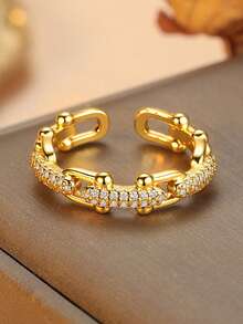 1 pieza Anillo de dedo con cadena de circonita microincrustada, anillo de estilo minimalista elegante para mujeres - Anillo con forma de herradura - Ver 5