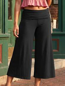 Women's Capri Pants Fold Over Waistband Low Rise Solid Color Wide Leg Cropped Lounge Trousers - Negro - Ver 4