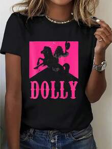 Women's Casual DOLLY Graphic Print T-Shirt - 180g 100% Cotton Round Neck Short Sleeve Tee, Machine Washable All-Season Comfort, Geometric Pattern For Outdoor Sports & Holiday Gifts - 黑色 - 查看 1
