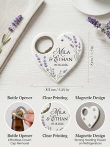 1pc Custom Text Heart-Shaped Fridge Magnet Bottle Opener, Custom Couple Name & Date, 5 Styles Available,Personalized Wedding Favor With Floral Design, Anniversary/Engagement Gift, Kitchen Decor Magnet - Multicolor - View 3