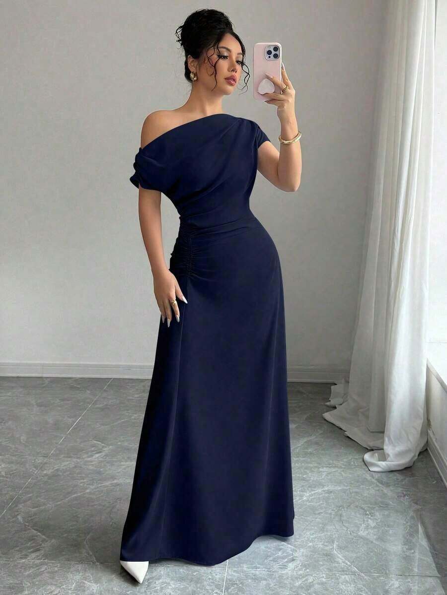 fsvsElenzga Vestido extra largo con hombro asimétrico y cintura fruncidasdvs AVPE - Azul marino - Ver 1