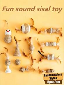 Wang Meow Pet Bộ 5 món đồ chơi cho mèo, đồ chơi cào móng bằng sợi sisal, đồ chơi gặm bằng sợi sisal, đồ chơi tương tác cho mèo với sợi sisal và lông vũ, thích hợp cho mèo con cào móng và chơi đùa, không cần pin. - Xem 12