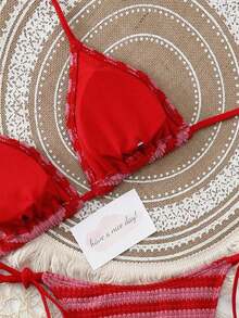 Conjunto de bikini y shorts de baño casuales para vacaciones en la playa de mujeres, 2026, 3 piezas, de tela texturizada con bloques de color y rayas, adecuado para primavera/verano, fiestas en la piscina, citas - Rosa - Ver 4