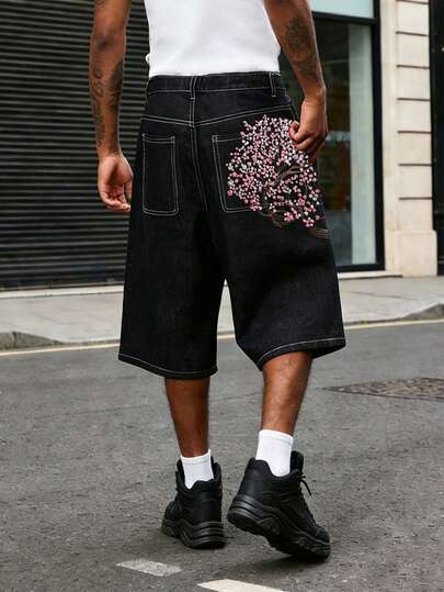 Fashionable Cherry Blossom Embroidered Vintage Loose Wide-Leg Denim Shorts