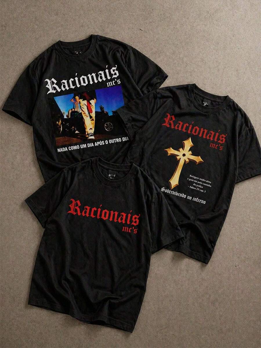 3 peças/Conjunto Camisetas Masculinas Tamanho Padrão com Estampa De Rap Grupo Racionais, Versáteis para o Verão - Preto - Visão 1