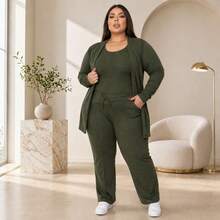 Women's Plus Size 3-Piece Knit Set For Winter: Cardigan, Tank Top, Jogger Pants, Black, Brown, Wine, Gray - Winter Fashion 2026 - xanh quân đội - Xem 4