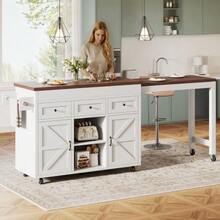 Kitchen Island With Storage, Extendable Dining Table/Bar (131.5-210 Cm), 360° Rotating, With Drawers And Cabinets, Versatile Countertop For Kitchen, Dining Room And Small Spaces, Black. - White - View 4