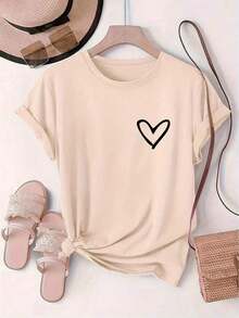 Short-Sleeved T-Shirt With Round Neck And Heart Print, European And American Style, For Women, Sporty, Loose And Comfortable, Vintage Summer Style, Unisex, Cotton, Short Sleeve And Round Neck. - 杏色 - 查看 6