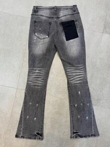 Embroidered Flare Jeans, Letter Embroidered Men's Slim Fit Flare Jeans, Ripped Flare Jeans With Patches, Y2K Stacked Jeans, Contrast Washed Embroidered Jeans, Suitable For All Seasons - Black - View 3