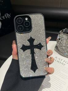 1pc White & Black Cross Rhinestone Phone Case, Luxury Shockproof 2-In-1 Protective Cover For IPhone 16 Pro Max/13/14 - White Black - View 6