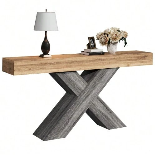 Console Table With X-Shaped Legs, Narrow Console Table, Wood Look, Particleboard, For Hallway And Living Room, Side Table - Natural Color - View 1