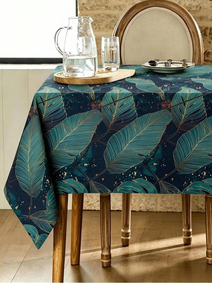 1pc Tropical Banana Leaf Tablecloth, Polyester Fiber Round Net Printed Tablecloth, Olive Green & Gold Waterproof, Oil-Proof, Easy-To-Clean Rectangular Dining Table Cover, Natural Tropical Plant Decor, Available In Multiple Sizes, Oil & Heat Resistant, Protective Cloth For Home & Living Room - Multicolor - View 1