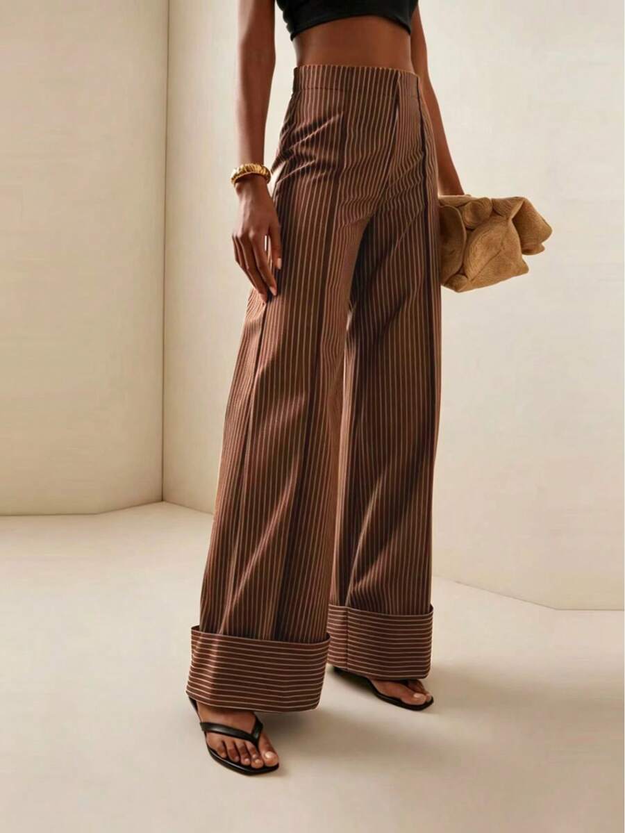 Women's Striped High Waist Straight Loose Fashionable Versatile Pants - Brown - View 1