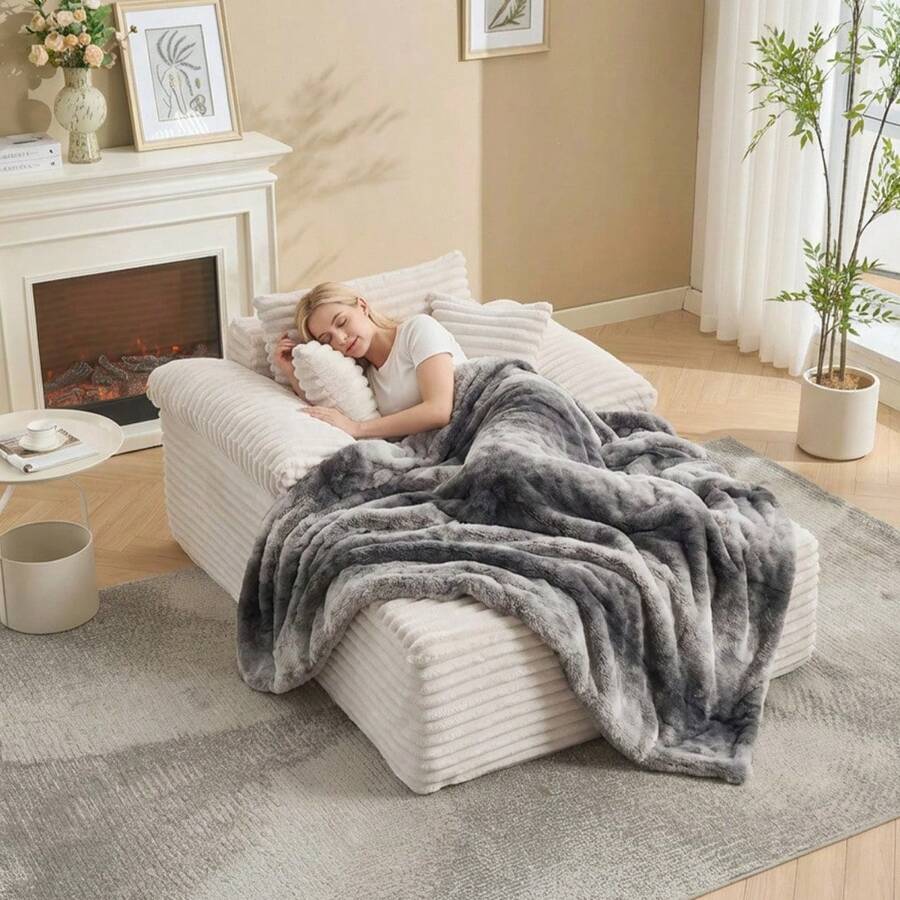 Beaully Sofa Bed Couch Chaise Lounge Chair , Corduroy Upholstered Oversized Sleeper Sofa With 2 Pillows And Armrests, Sturdy Structure Sleeper Sofa For Living Room Bedroom Movie Room - Beige - View 1