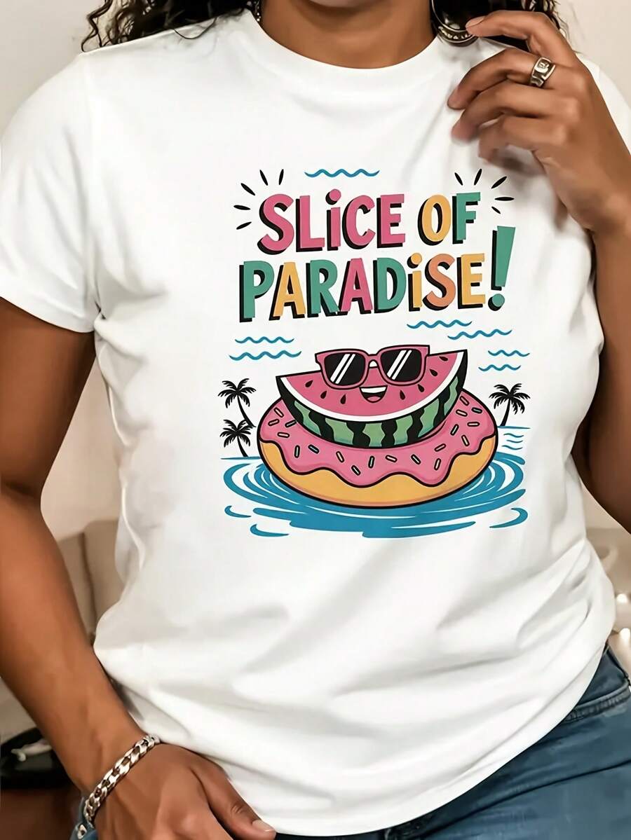 Camiseta de manga corta de mujer con escote redondo, perfecta para primavera, otoño y verano. Cuenta con un estampado elegante y único, ideal para salidas a la playa y viajes informales. Esta camisa se puede usar en casa o para todos los días