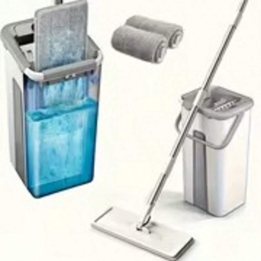 Home Mop And BucketSet With Wringer - Flat Mop System For EfficientFloor And Wall Cleaning, Includes 2 ReusableMicrofiber Pads, Ideal For Bedroom, Bathroom,Kitchen, Living Room, Household CleaningTools|Sleek Mop Design|Metal Handle Mop, Mopsfor Floor Cleaning - A - 查看 1