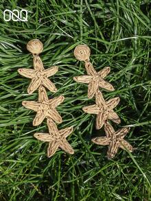 OOQ 1 Pair Summer Minimalist Mixed Color Star Pendant Tassel Earrings, Handmade Raffia Grass Earrings, Suitable For Daily, Holiday, Travel, Commute Wear (Handmade Raffia Grass Weaving, Random Direction And Shape) - Brown - View 4