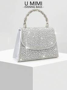 New Rhinestone Party Handbag, Formal Evening Clutch, Rhinestone Decor Wedding Ceremony Purse, Bridal Accessories - Silver - View 2