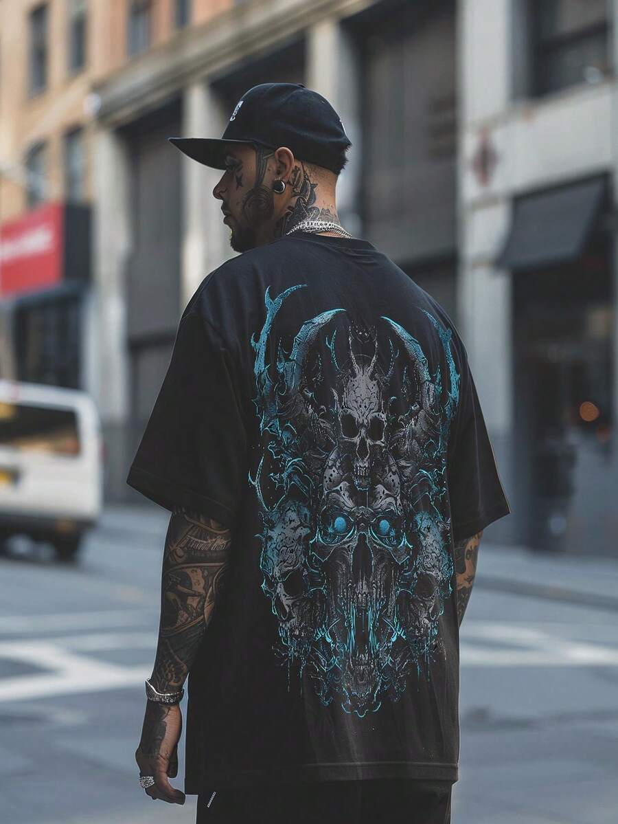 Men Streetwear T-Shirt Dark Gothic Horror Punk Graphic Tee, Urban Street Style, Edgy Short Sleeve Top - Black - View 1