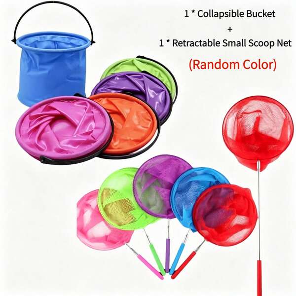 2pcs Outdoor Fishing Set, Includes 1 Portable Foldable Bucket And 1 Retractable Fish Landing Net, Random Color, Suitable For Beach, Fishing, Etc.
