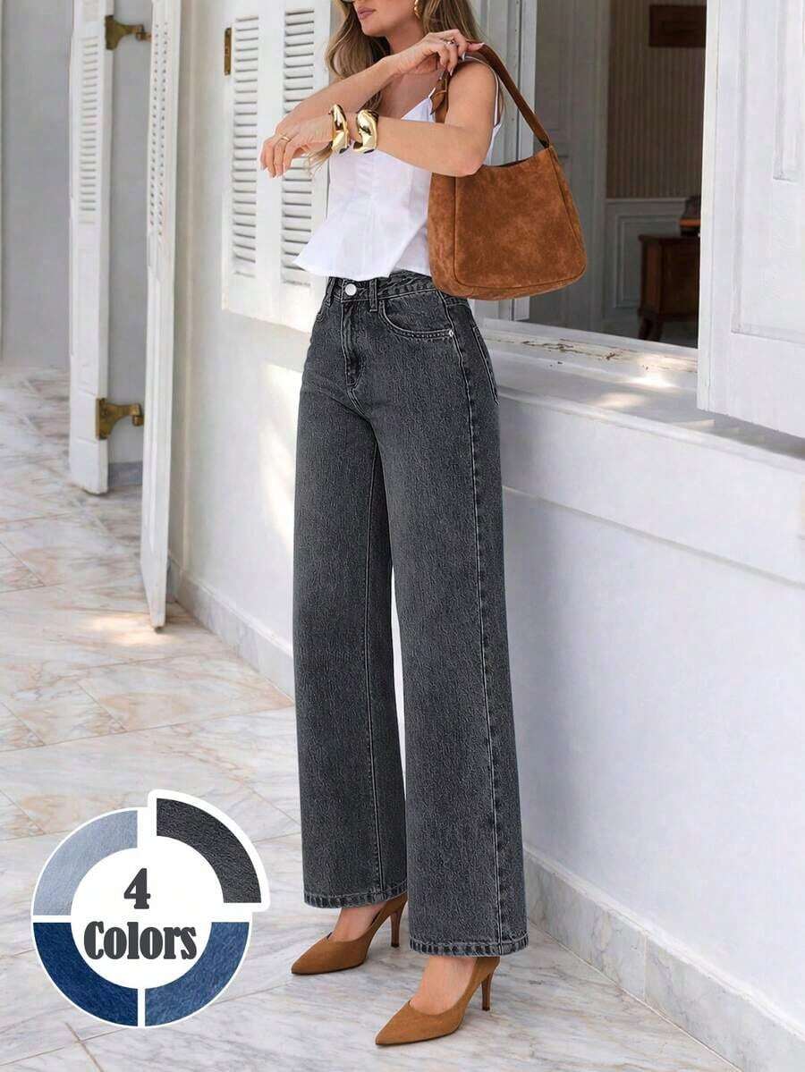 Jeans anchos de pierna ancha de mujer con lavado azul, elásticos y holgados, versátiles para ir al trabajo y uso diario, casuales para todas las estaciones y primavera - Gris - Ver 1