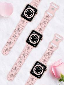 雕花矽膠錶帶，相容 40mm 41mm 42mm 44mm 45mm 46mm 49mm，時尚優雅運動休閒錶帶，相容 Ultra/11/10/9/8/7/6/5/4/SE，女款智慧手錶錶帶 - 粉紅色錶帶配煙紫色蜜蜂 - 查看 7