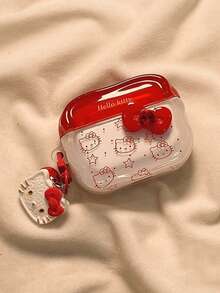 SANRIO 1 hộp đựng tai nghe Bluetooth không dây thế hệ thứ 4 hình mèo nơ đỏ (2 kiểu ngẫu nhiên, dây đeo ở cả hai bên ngẫu nhiên) - Đỏ - Xem 1