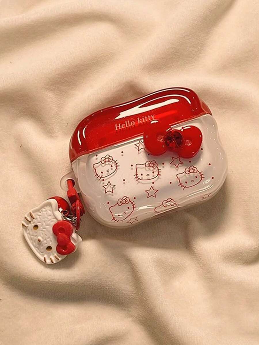 SANRIO 1 hộp đựng tai nghe Bluetooth không dây thế hệ thứ 4 hình mèo nơ đỏ (2 kiểu ngẫu nhiên, dây đeo ở cả hai bên ngẫu nhiên) - Đỏ - Xem 1