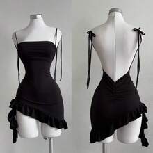 2025 Mini vestido Sexy sin mangas y espalda descubierta para mujer, vestidos ajustados con cordones de verano de Europa América, vestido negro para fiesta en la calle y Club - Negro - Ver 2