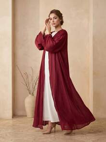 Hafizah Middle Eastern Modest Abaya Robe, Dubai Outerwear Cardigan, Shiny Fabric Ins - Red - View 7