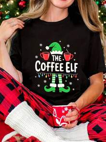 Women's Christmas Clothing Cottonblend Women's T-Shirt Comfortable Fabric With Relaxed Fit Suitable For Casual Wear And Parties Fashion Print Anime Halloween T-Shirt Round Neck Christmas Women's T-Shirt Machine Washable Local Delivery - 黑色 - 查看 1